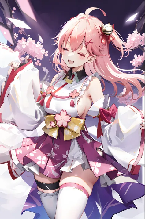 masterpiece, best quality, highres, miko1, sakura_miko, 1girl, big_boobs, solo, ahoge, x_hair_ornament, pink_hair, floral print, hairclip,(side_less_clothes:1.5), (side_boobs:1.5), hair_bell, floral print, long_hair, hair between eyes, one side up, white t...