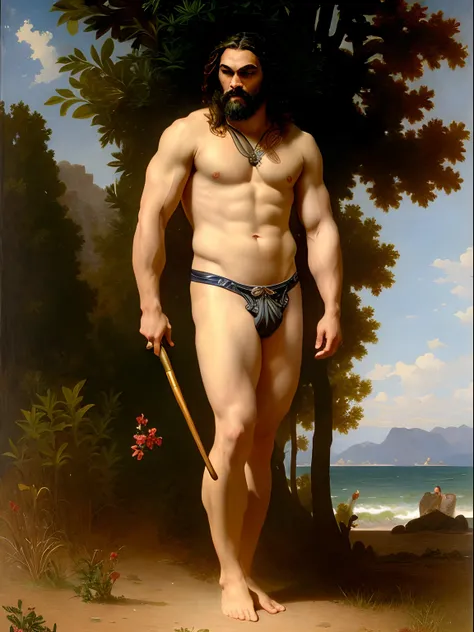 A full body portrait of Jason Momoa as an extremely strong and handsome 40s years old man, highly detailed painting, portrait, artwork by William-Adolphe Bouguereau, ethereal, poetic pastoral