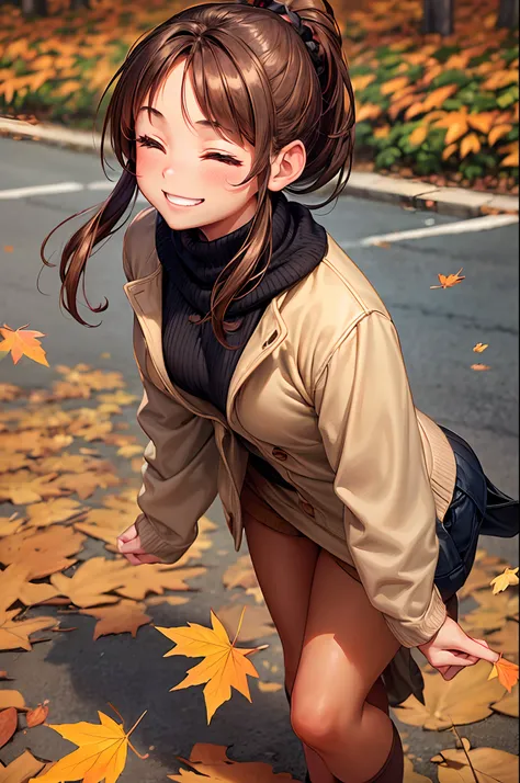 (best quality,wide background,slightly tan skin,autumn clothing,detailed to the knees,ponytail,moments after getting out of the car,breathtaking scenery of vast autumn leaves,a teenage girl,extremely cute,smiling with one eye closed,brown hair,blushing,lea...