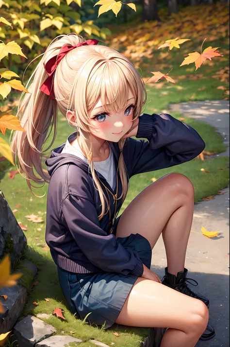 Girl sitting on fallen leaves、wariza、(Best Quality,Wide background,slightly tanned skin,Autumn clothes,Detailed to the knee,Ponytail,Immediately after getting out of the car,Breathtaking views of the vast foliage,A teenage girl,Extremely cute,Close one eye...