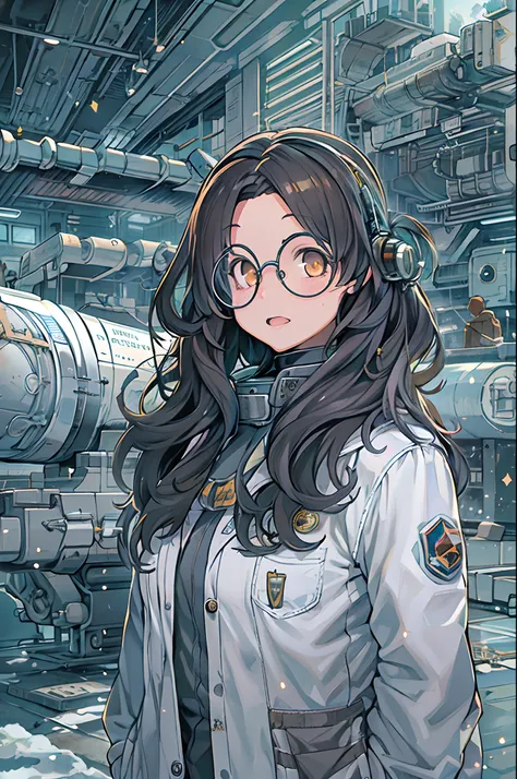 Science fiction,a science fiction film,cannons,Long-range missiles,Based on the Film Foundation ,Woman,,28 years old,Zito-order,Brown eyes,Long hairstyle,Unkempt hair、White-gray on black hair,Scientist uniform,White researcher coat,Open Meadow,Rebel,Chaoti...