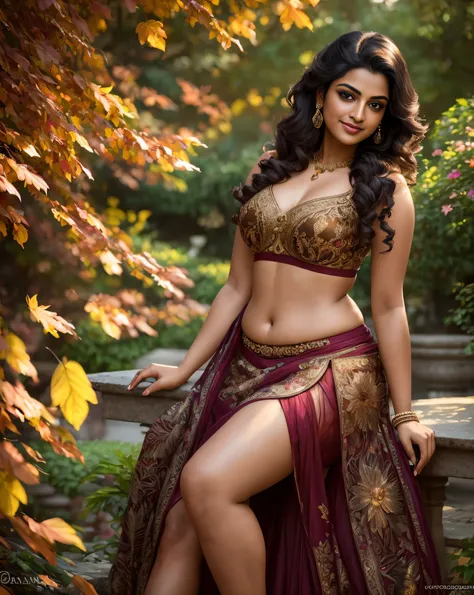 (masterpiece portrait photography:1.4) of a  alluring sexy curvy tall supermodel Suhasini Iyer, posing in a garden , wearing beautiful, wearing ornate skirt and bralette, ornate venetian garden, heels, arms over head, armpits, (big flowing backlit hair), v...