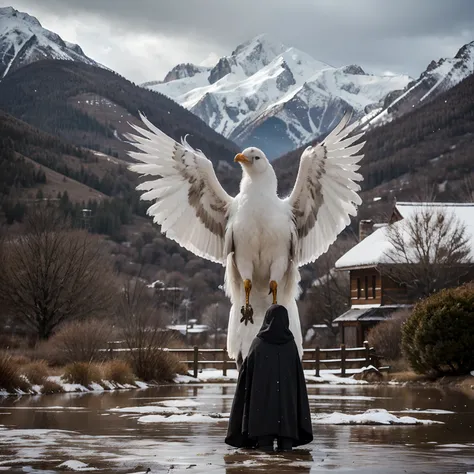 Two large white-feathered bird animals tower over a cloaked figure in a snowy, wet, and mountainous landscape.