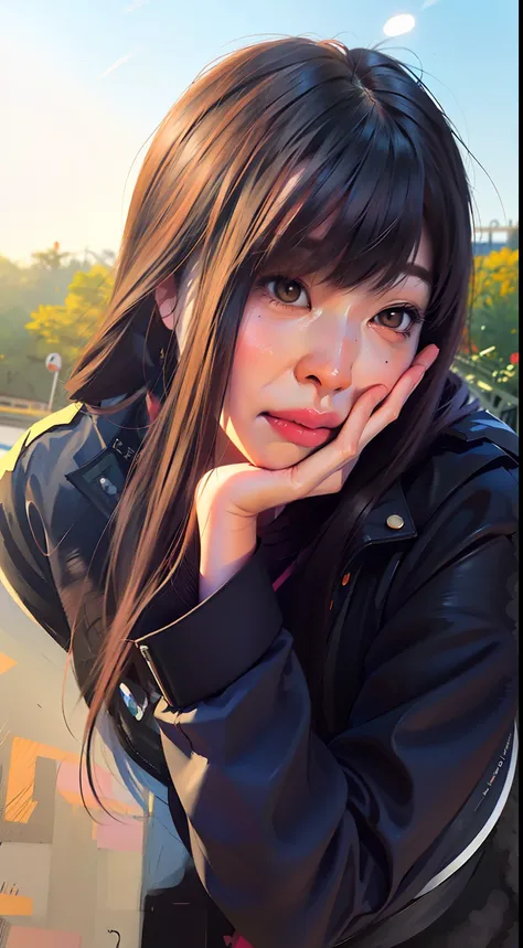 painting of a woman with long hair and a black jacket, artwork in the style of guweiz, beautiful anime portrait, anime style portrait, portrait anime girl, digital art ilya kuvshinov, detailed portrait of anime girl, portrait of anime girl, anime portrait,...