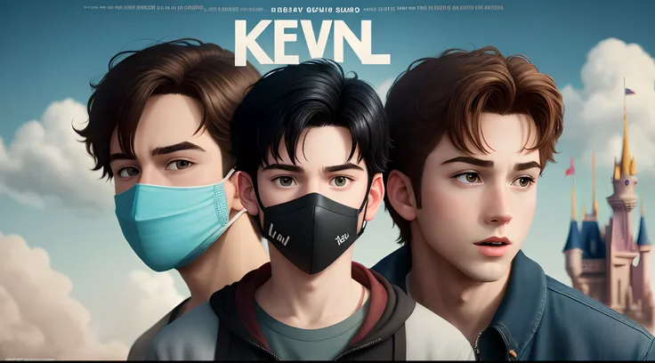 Disney Movie Style Poster With The Word Kevin With A White Boy Black Hair With Face Mask