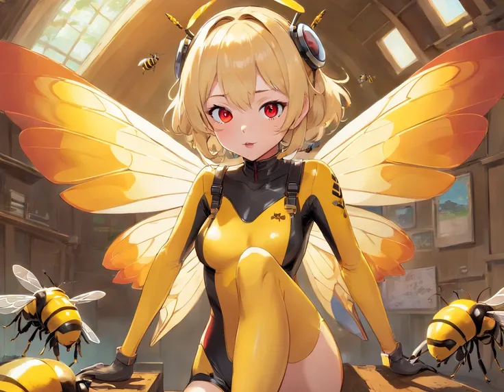 Sexy female drone, bee themed bodysuit, latex, bee wings, red compound goggles, high heels, masked face, exposed mouth, blonde hair