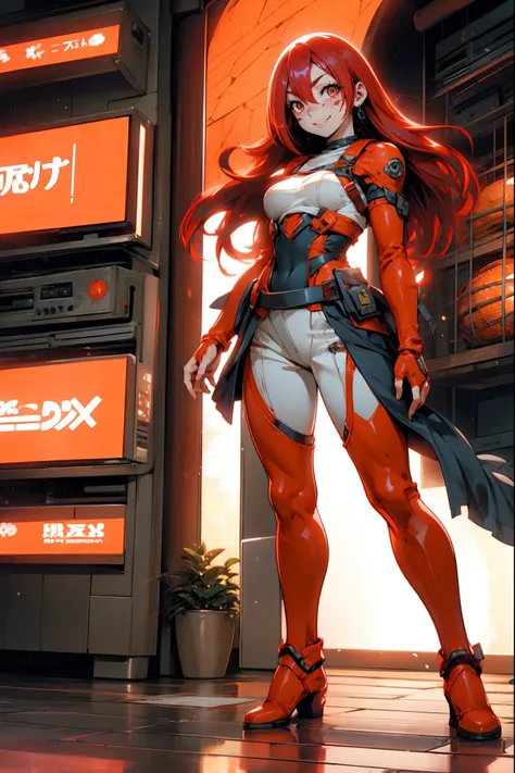 lava, red hair, orange eyes, prisoner cloths, medium breast, smile, facial mark, long hair, standing solo, full body, boots