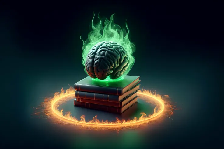 A closeup of a book with a burning brain on top of it, conhecimento intenso, Estudando um portal de fenda aberta do inferno, with book of science, fantasy book illustration, proibido - conhecimento, Directed by: Adam Marczyński, artistic rendering, conheci...