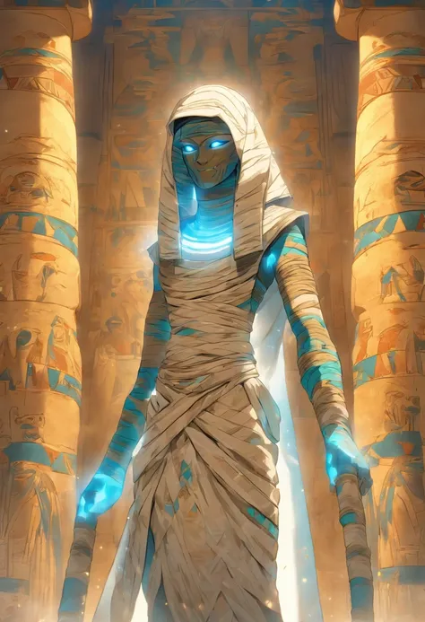 (((Mummy body))) best quality, very high resolution, 4K detailed CG, masterpiece, Egyptian mythology,Ptah,Egyptian tomb, Ancient Egypt, standing pose, mummy, white clothes, Egyptian clothes, Egyptian temple , desert, Ancient Egypt, ((blue adornment, mummy ...