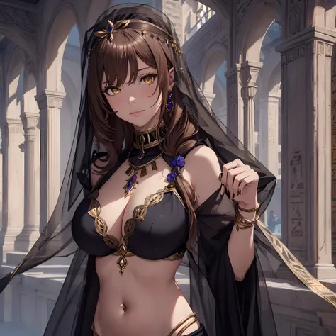 masterpiece, best quality, 1woman, adult, female focus, solo, brown skin, brown hair, long hair, looking at viewer, closed mouth, Fantasy aesthetics, Highly detailed, shadowverse style, dancer attire, belly button reveal attire, black attire, yellow eyes, ...