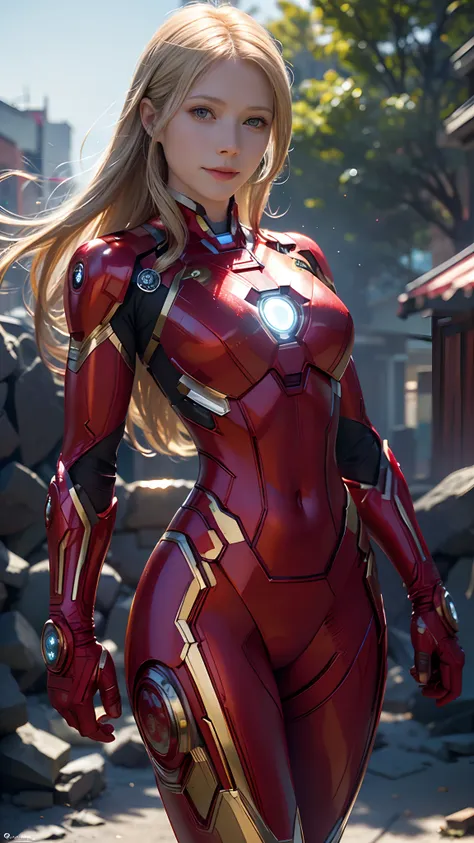 1girl, gwyneth paltrow as  ironman (from marvel studios), red ironman suit (holding your helmet), smile, look at viewer, (master...