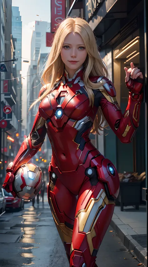 1girl, Gwyneth Paltrow as  Ironman (from marvel studios), red Ironman suit (holding your helmet), smile, look at viewer, (masterpiece, best quality, detailed cloth texture, beautiful detailed face, intricate details, ultra detailed),  blonde hair, dynamic ...