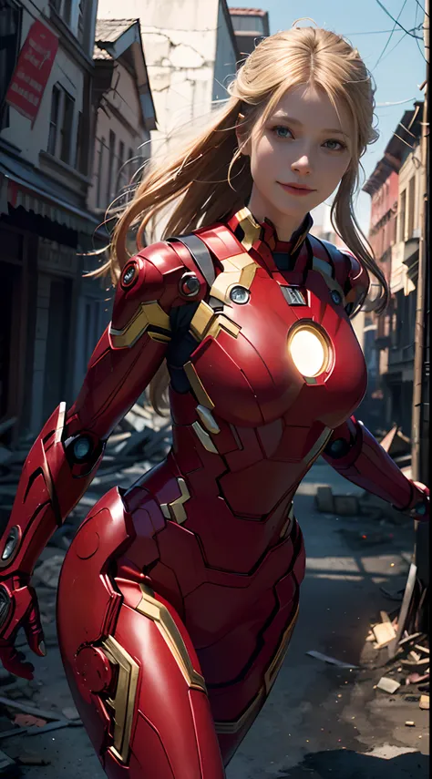 1girl, Gwyneth Paltrow as  Ironman (from marvel studios), red Ironman suit (holding your helmet), smile, look at viewer, (masterpiece, best quality, detailed cloth texture, beautiful detailed face, intricate details, ultra detailed),  blonde hair, dynamic ...