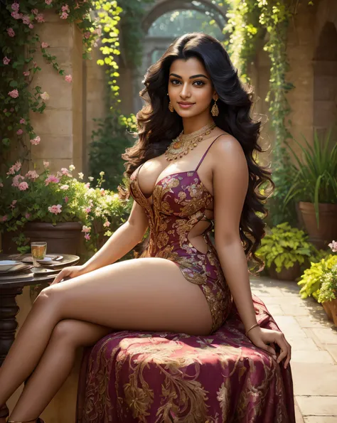 (masterpiece portrait photography:1.4) of a  alluring sexy curvy tall supermodel Suhasini Iyer, posing in a garden cafe, wearing beautiful, wearing strappy gucci minidress, ornate venetian garden, heels, (long flowing wavy backlit hair:1.2), vivacious, lus...