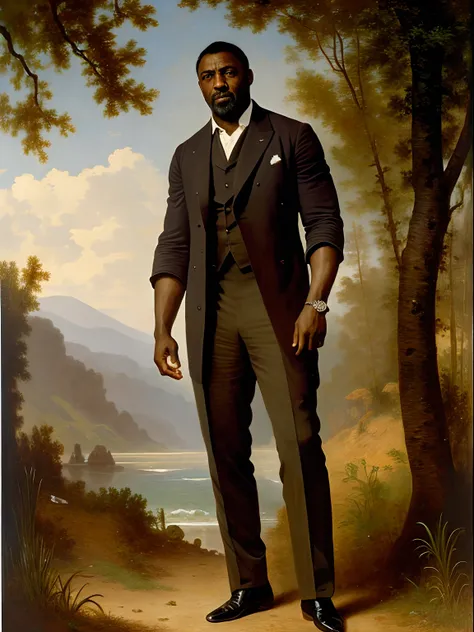 A full body portrait of Idris Elba as an extremely strong and handsome 40s years old man, highly detailed painting, portrait, artwork by William-Adolphe Bouguereau, ethereal, poetic pastoral