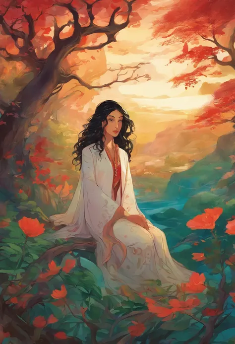 A girl with long curly black hair without bangs, green eyes, And hes wearing a red jacket and a white shirt, In the style of the contemplative garden cabos, Bunte Animationsfotos, Masami Teraoka, Dark and frightening colors, Paul Gauguin, Embry-Stil, Ehrli...