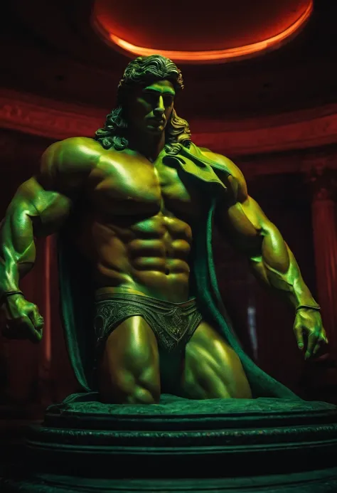 personagem masculino, Muscular in the shape of a statue, olhos neon dark, estoicismo