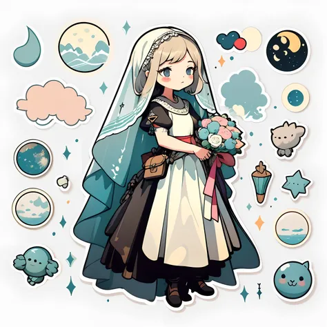 1 sticker, handbook, (sticker, 1 girl, medieval heavy dress, moon. veil, bouquet, element split), watercolor, white background, simple background, minimal, cute, tiny, pastel color, vector style, no gradient,