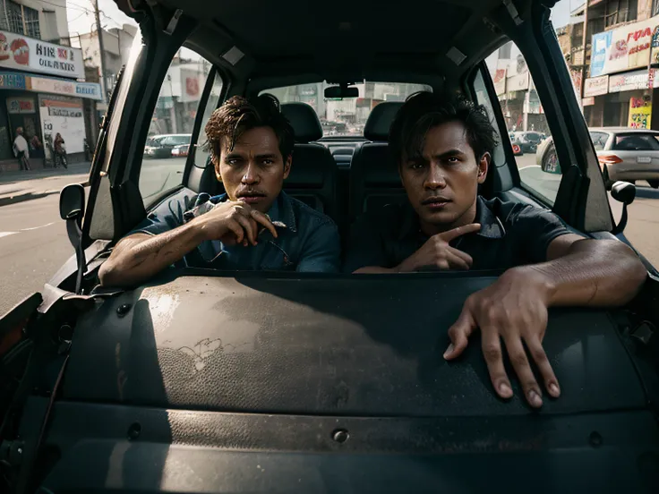 Two anxious car sales men in Burma. Midsize body, Blue jeans, Skin milky brown, Almost messy hair, deeply anxious facial expressions and depressed. Background is Rangoon Urban Streets with Japanese cars, Toyota SUVs and Saloons. illustration, 3d render, ph...