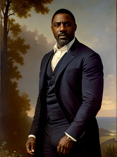 A full body portrait of Idris Elba as an extremely strong and handsome 40s years old man, highly detailed painting, portrait, artwork by William-Adolphe Bouguereau, ethereal, poetic pastoral