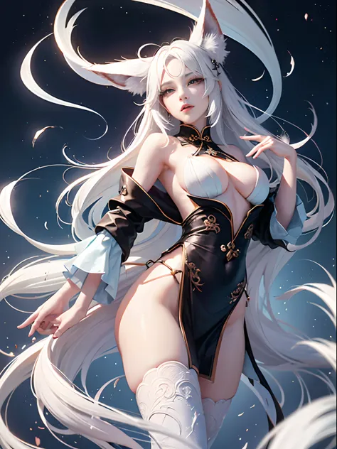 nine tail fox，China-style，mito，Fengshen version，Sudaji，Beautiful woman，bust，8 head-to-body ratios，Fair skin，beautidful eyes，Extra-long hair，white colors，Leaky umbilicus，nakeness，rim-light，illustration，Wallpapers，high qulity