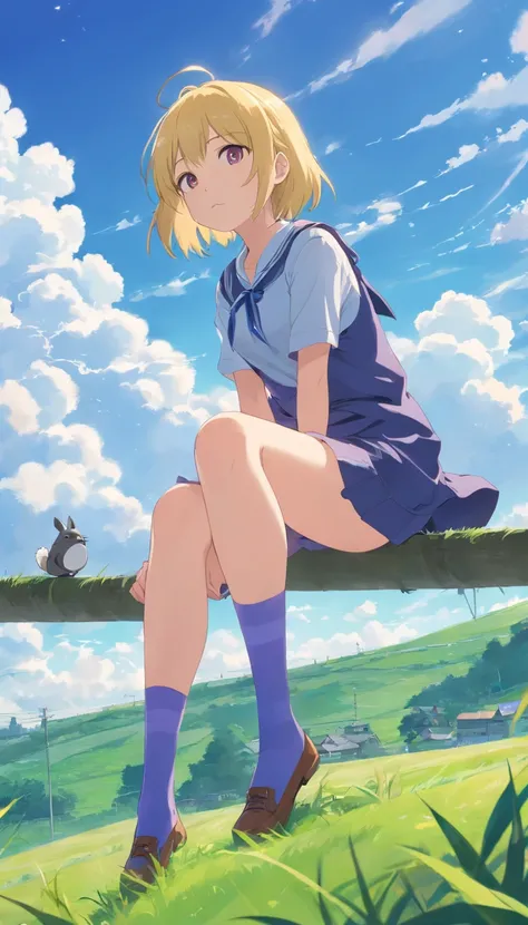 best qualtiy， tmasterpiece， 超高分辨率， realisticlying， 1 girl， Long pale yellow hair，Heterochromic pupils，Long legs， Loli set，Lori sits，Jumpy，Purple stockings，grassy fields，Totoro，with blue sky and white clouds，wide angles