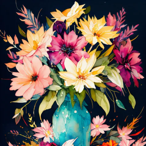 wtrcolor style, black canvas, Digital art of a vase with flowers, unique bouquet, official art, masterpiece, Beautiful, ((watercolor)), paint splatter, intricate details. Highly detailed, detailed flower, [dripping:0.5], Trending on artstation, by Rachel W...