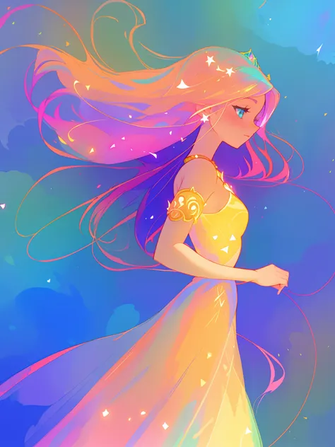 A beautiful anime princess in colorful net dress, On his head a tiara of beads, vibrant pastel colors, (colorido), magic lights, linhas de luz cintilantes ao fundo seu castelo, inspirado em Glen Keane, inspirado em Lois van Baarle, estilo de arte disney, D...