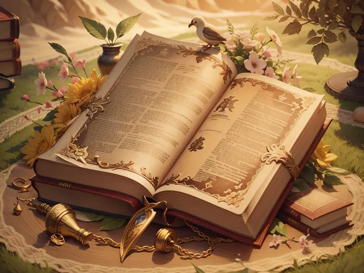 description: Crie uma imagem ilustrativa para a foto de capa do YouTube, highlighting an open Bible, mostrando passagens significativas. Add symbolic elements of Bible stories around the Bible. Use cores suaves e douradas para transmitir uma atmosfera sere...