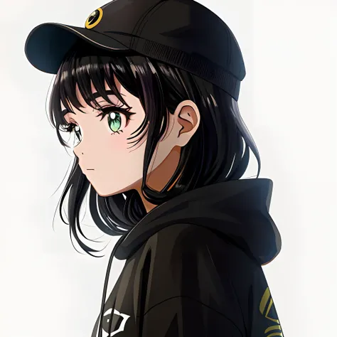 imagem de um personagem de anime para foto de perfil, em perfil, menina com cabelo preto, olhos negros, capuz preto, Black Kitten Cap, kawaii, cara bonito