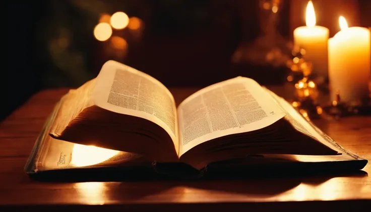 an open Bible on a table, com uma luz brilhando nela