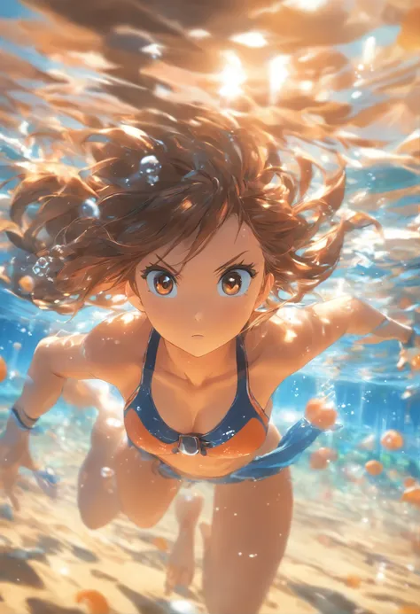 foreshortening,  depth of field, masterpiece, best quality, 1girl, brown hair, brown eyes,  long hair, underwater, air bubble, solo, looking at viewer, bikini, swimming,  dappled sunlight, abs, full body, athletic