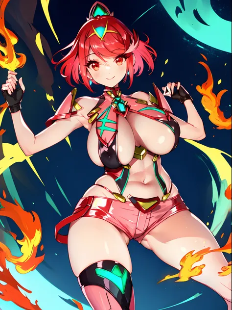 pyra (xenoblade), teen_1girl, loli, bangs, black gloves, breasts, red eyes, shout, earrings, eyelashes, fingerless gloves, floating hair, , gem, gloves, hair ornament, headpiece, jewelry, gigantic_breasts, leaning back, swimsuit, neon trim, official art, p...