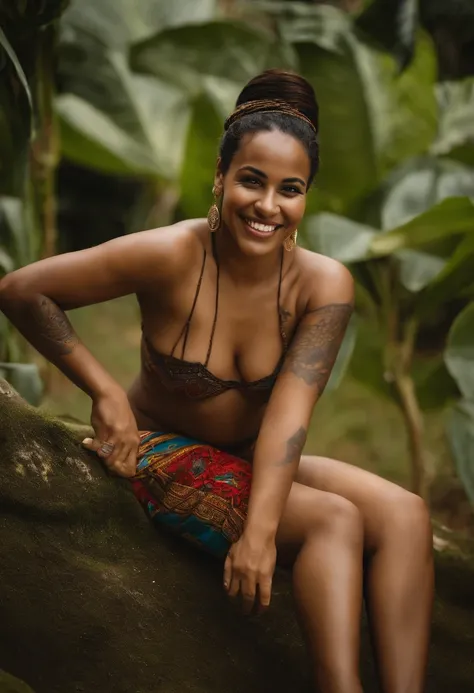 A Brazilian mulata woman is someone with a rich ethnic heritage smiling, often featuring a combination of African and European ancestry, with a range of skin tones and a vibrant culture that celebrates Brazils racial and ethnic diversity tattooed, naked