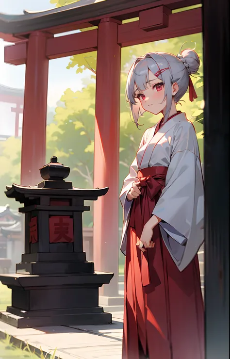 17 years old girl、Short hairstyle with silver hair and bob, Hair tied in a bun with a hair clip, Pink eyes, small tits、Embarrassment,stare at each other、shrines,Crimson Hakama,,boyish,shrine maiden,