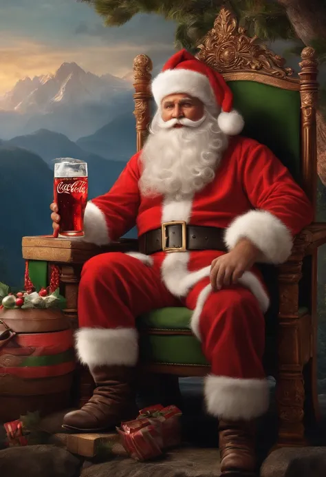 An epic image depicting Santa Claus, horned and brave-looking. Hes sitting on his throne , Holding a bag of gifts in his left hand and a Coca Cola in his right hand, com um olhar imponente. Ao seu redor, Slaves working in the background of the scenery, tra...