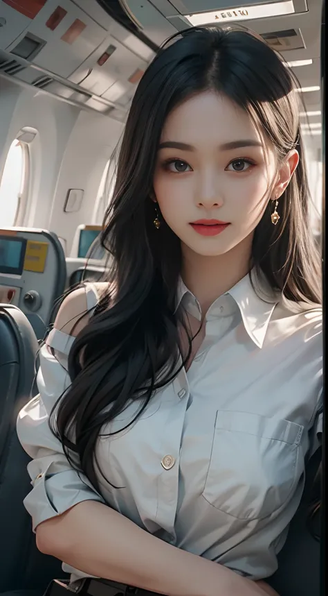 （From the outside） ， Many colors，best qualtiy，8K，Real Photographics，Delicate skin details，tmasterpiece，photos realistic，intricate-detail，RAW photogr,in an airplane，ssmile，florals，Stewardess，sockes,extra long hair，cropped shoulders，delicated face，Expose cle...