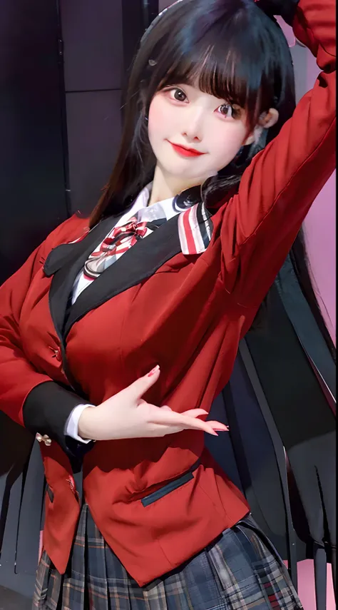 black hair, rosy cheeks, wearing a school uniform with a red jacket, black skirt, stockings, sexy body