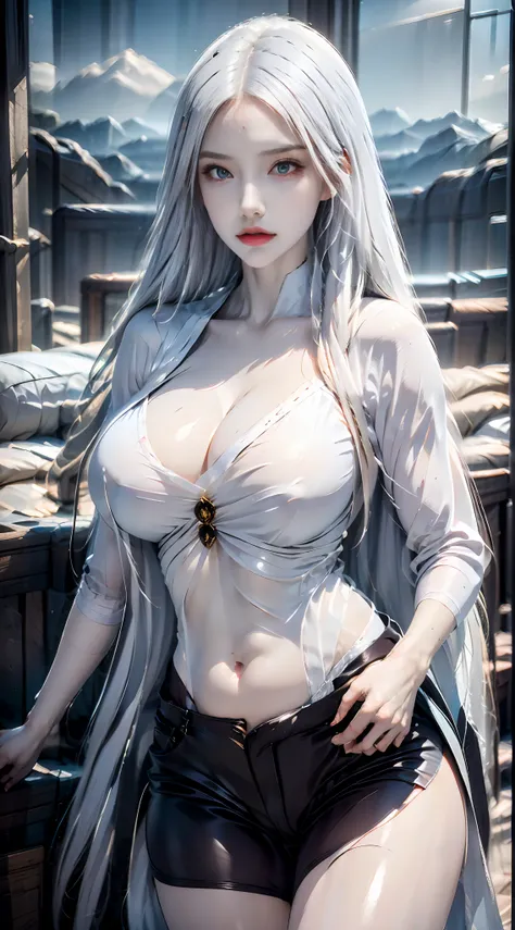 (Extremely detailed+Ultra-realistic), Sorceress, Tarot Cards, angle from above the knee, slender nody, Cleavage is visible, beautiful white and transparent skin, white hair.