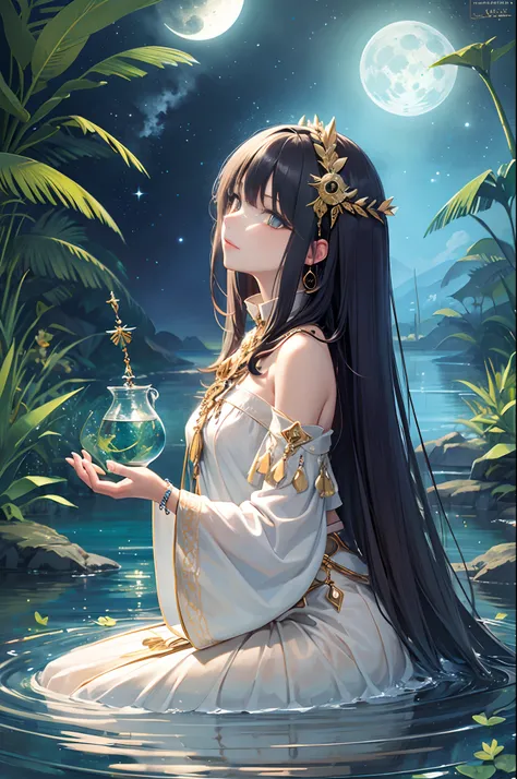 "Moonlit beautyful priestess, tropical oasis, magical pond, nocturnal mysteries, ethereal enchantment"