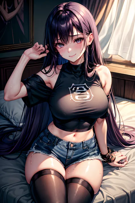 Jersey material is cotton、A slight smil、Transcendent beauty、Dark Gothic Makeup、Sweat glitters on my face、Sweat glitters on my thighs、The whole body is shiny with sweat.、Long hair straight hair、Purple hair、Transcendent cute face、Sit up、a bed、sprawl、Dark bla...