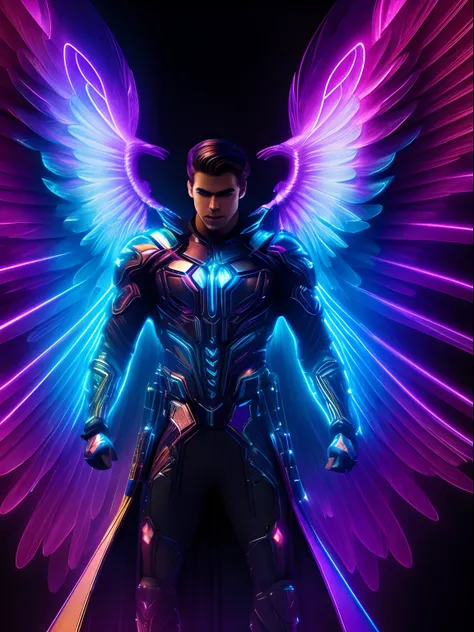 Neon fractal hologram of a handsome archangel, lawrencium lights, dynamic action poses, highly detailed