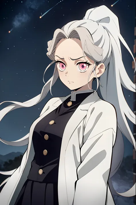 kimetsu no yaiba style, 1girl, solo, light gray hair, ponytail, long hair, forehead, messy hair, big hair, pink eyes, bags under...