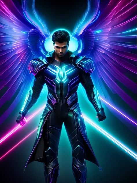 Neon fractal hologram of a handsome archangel, lawrencium lights, dynamic action poses, highly detailed