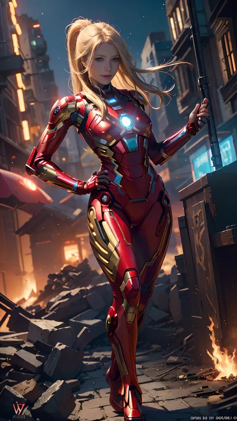 1girl, full body shot, gwyneth paltrow as  ironman (from marvel studios), red ironman suit (holding your helmet), smile, look at...