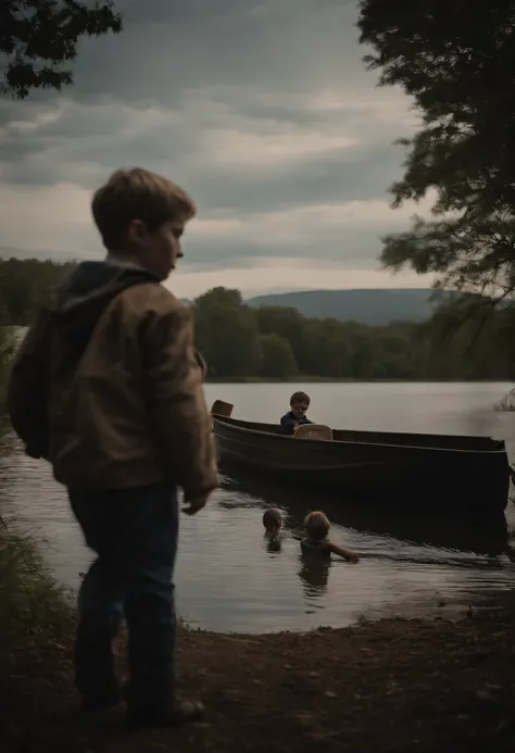 Jason Vohees antes de morrer, A child with his face disfigured on his side by a lake
With classmates nearby leaving the boy alone