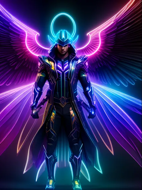 Neon fractal hologram of a handsome archangel, lawrencium lights, dynamic action poses, highly detailed