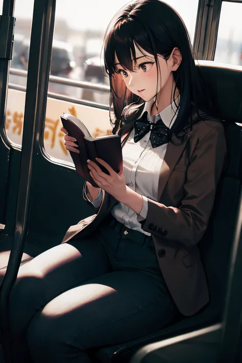 woman age 24. sitting on the bus on the way to work at the office. reading book. wearing tight pants. fully focused on the book .small chest (photographed at 35mm, f/1.8, ISO200. shallow depth of field.)