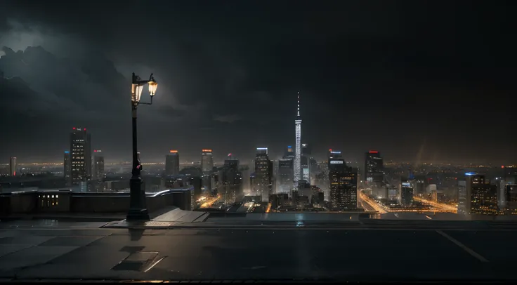 In a dark and rainy city, towering skyscrapers dominate the skyline, creating a metropolis bathed in a cold and gloomy atmosphere. The streets are slick with rain, and a light drizzle falls, adding to the melancholic mood. The city is in the midst of war, ...