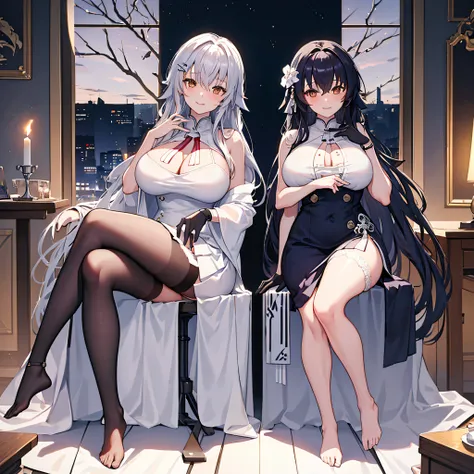 (masterpiece;  best quality:1.2); illustration; 8k; hd; 1girl; solo; black_pantyhose; very_long_hair; hair_ornament; half_gloves; smile; hairclip; black_gloves; hair_between_eyes; large_breasts; white_panties; purple_hair; pleated_skirt; bangs; yellow_eyes...